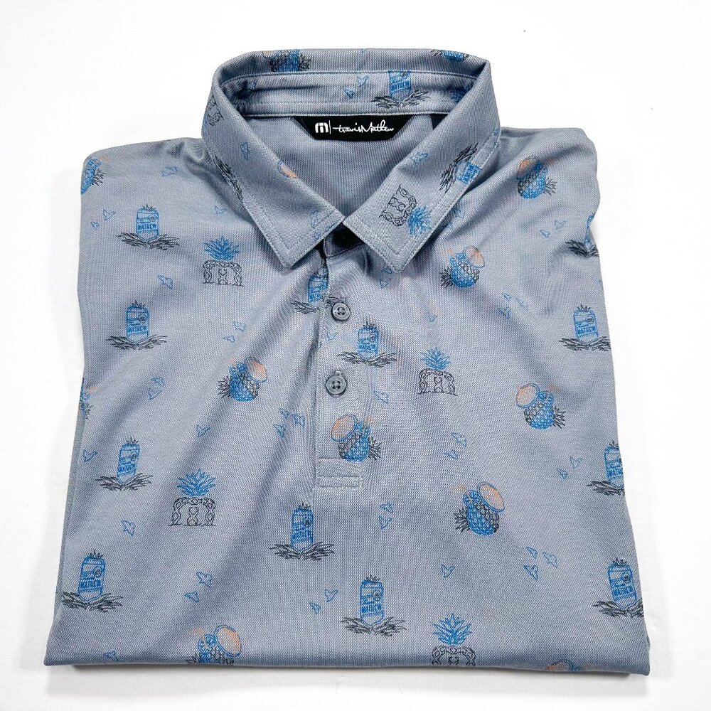 Travis Mathew M Men's Gray Blue Beer Pineapple All Over Golf Polo Short Sleeve